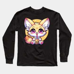 Kawaii Anime Fennec Fox Drinking Boba Bubble Tea Long Sleeve T-Shirt